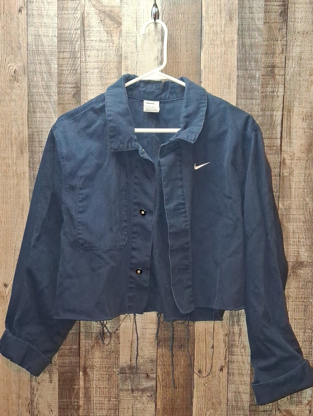 Nike Navy Blue Cropped Jean Jacket with Swoosh Raw Hem Women's XS